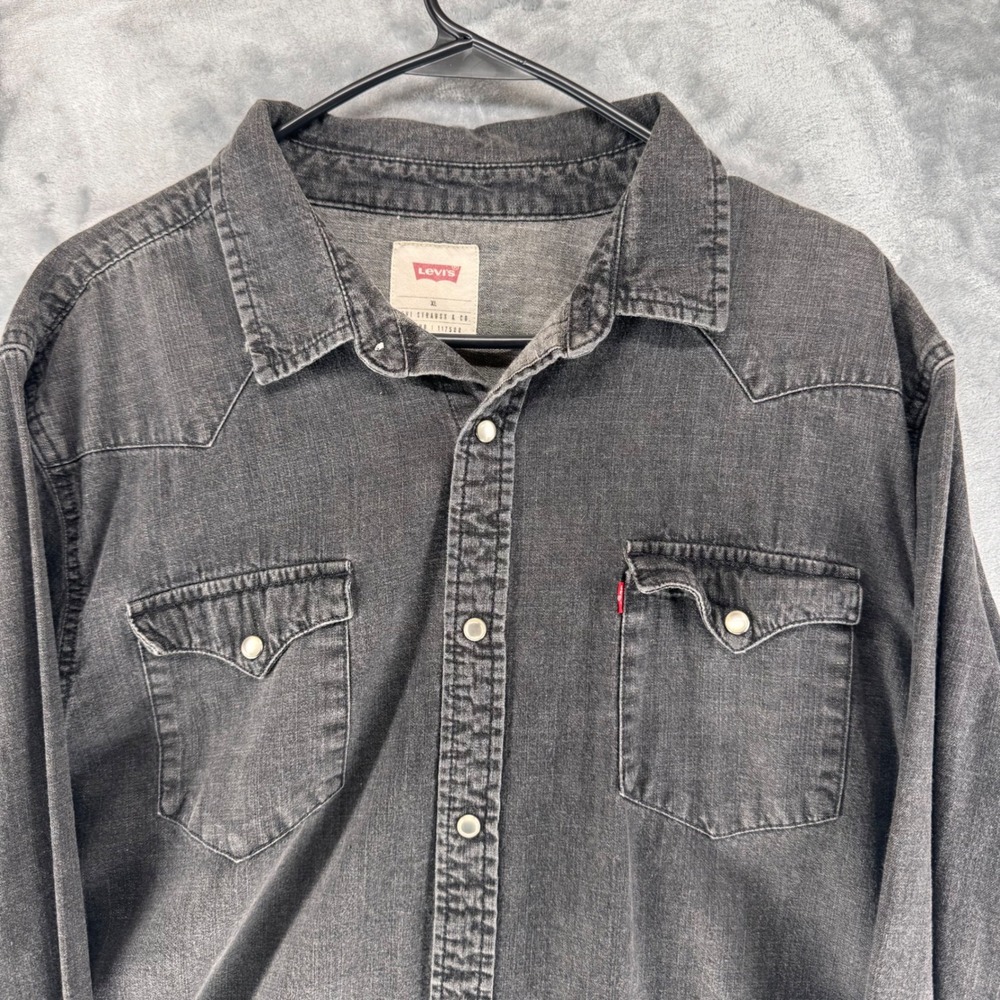 LEVIS MENS LONG SLEEVE DENIM WESTERN SHIRT JACKET DARK GRAY XL PEARL SNAP